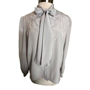 Tess Paris Milano Women’s blouse gray tie long sleeve embroidery elegant corp co